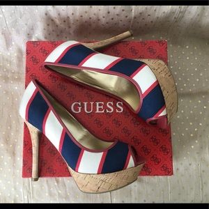 GUESS Red Multi-Fabric Cork Peep Toe Pumps